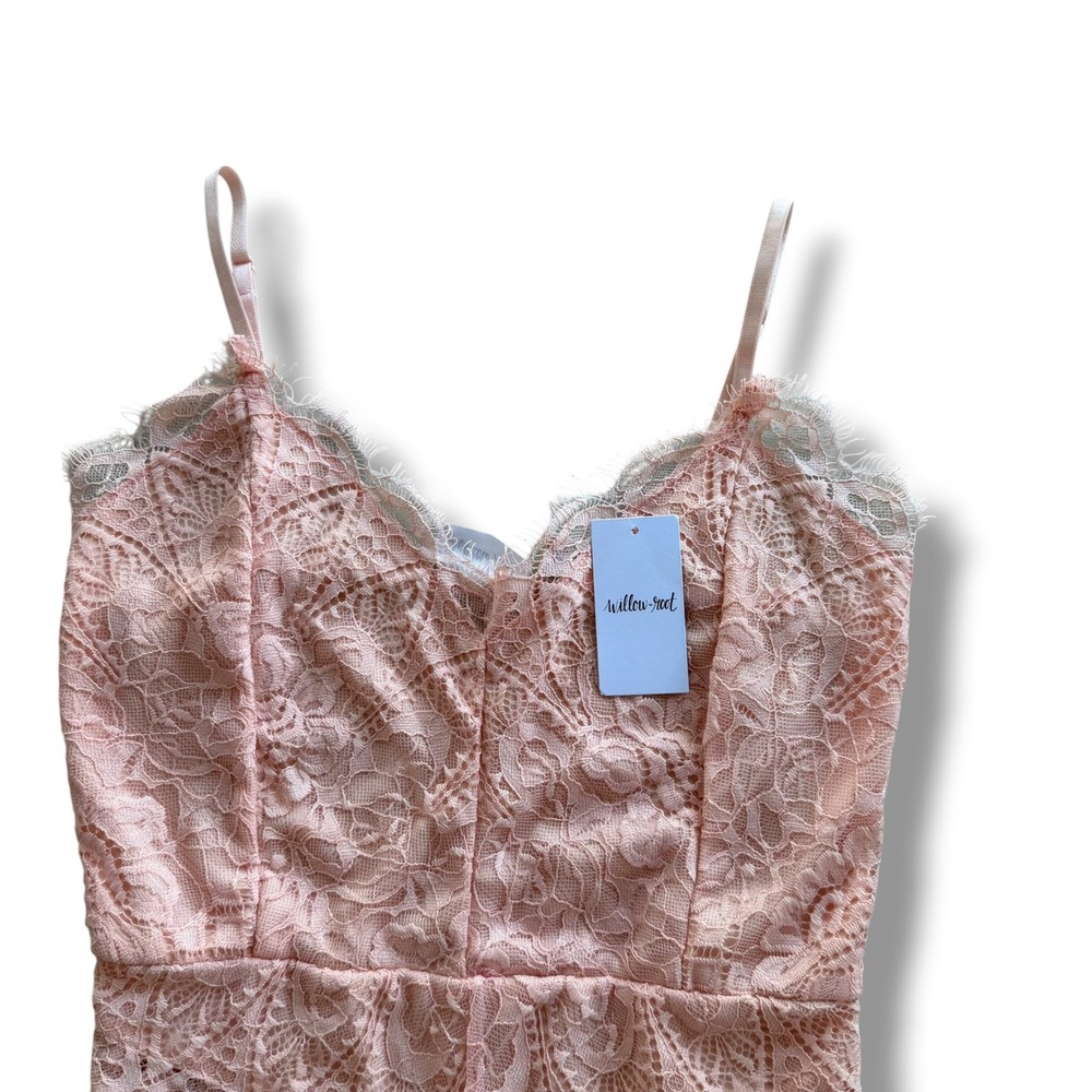 Willow & Root Women S Tropical Peach Pink V-Neck Eyelash Trim Lace Bodysuit Boho
